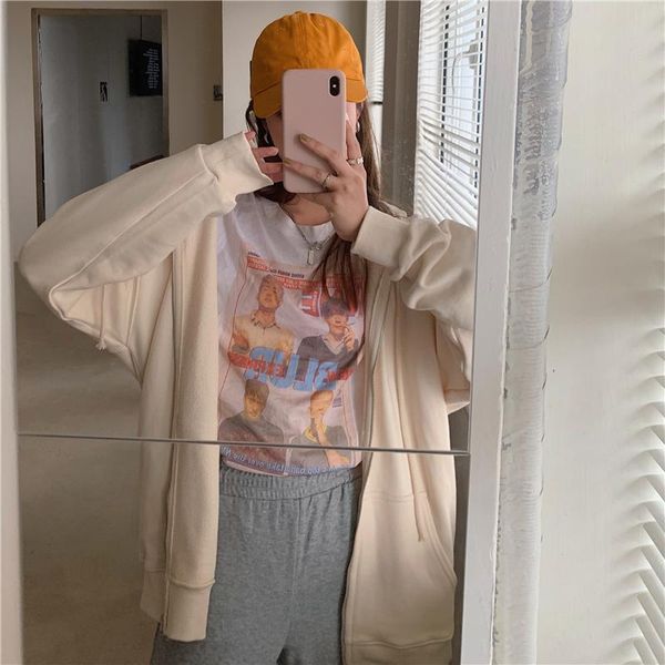 

women autumn oversized basic hoody jackets full sleeve zipper drawstring hood solid color coat cardigan outwear women's, Black;brown