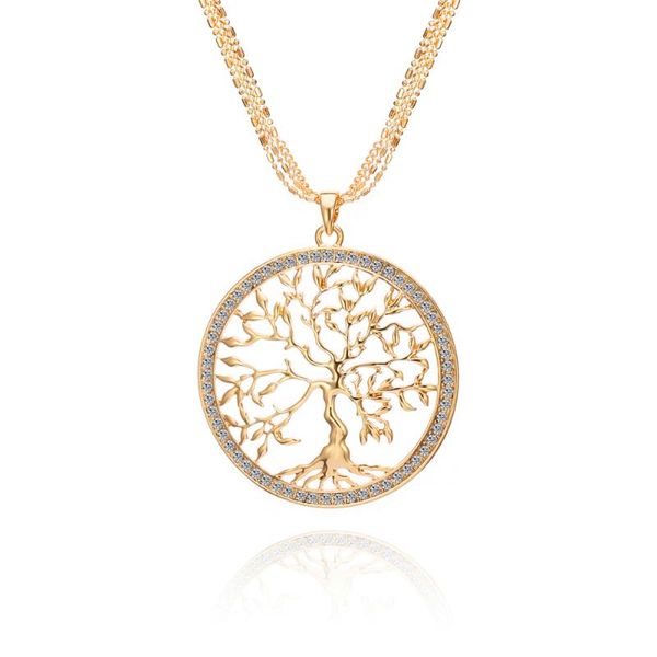 

pendant necklaces women's fashion jewelry gift silvery gold tree of life necklace round rhinestone statement long sweater chains, Silver