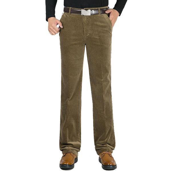 

autumn and winter mens stripe casual pants high waist loose stretch men's corduroy middle-aged straight trouser, Black
