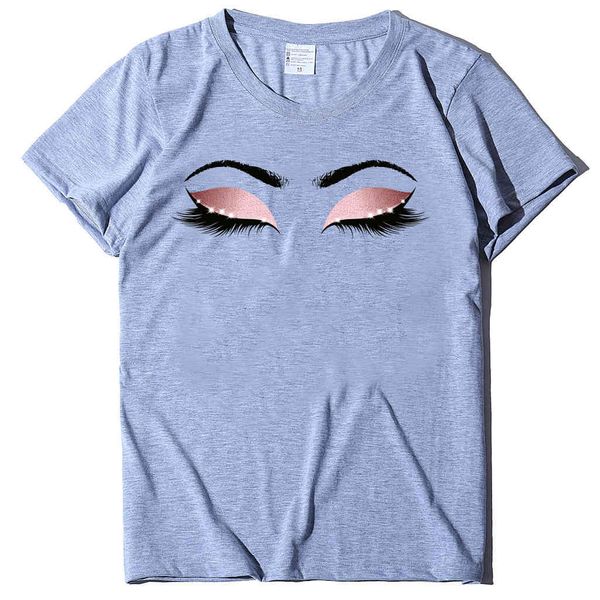 

summer round neck fashion women's short sve women's eyebrows and eyelash art printed t-shirt, White