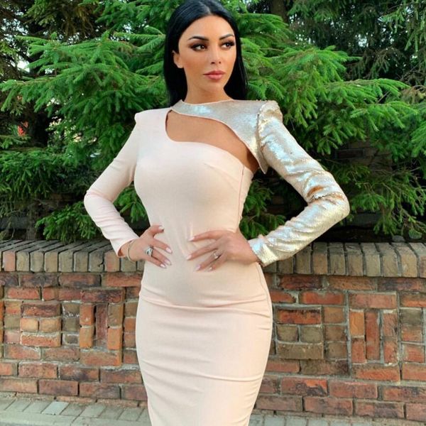 

new fashion women long dress long sleeve patchwork bodycon cut out party bandage dresses chic shining sequins dresses black 210414, Black;gray