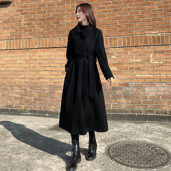 

women's wool & blends 2021 casual long sleeve jacket with belt fashion autumn blend woolen coat women warm w795, Black