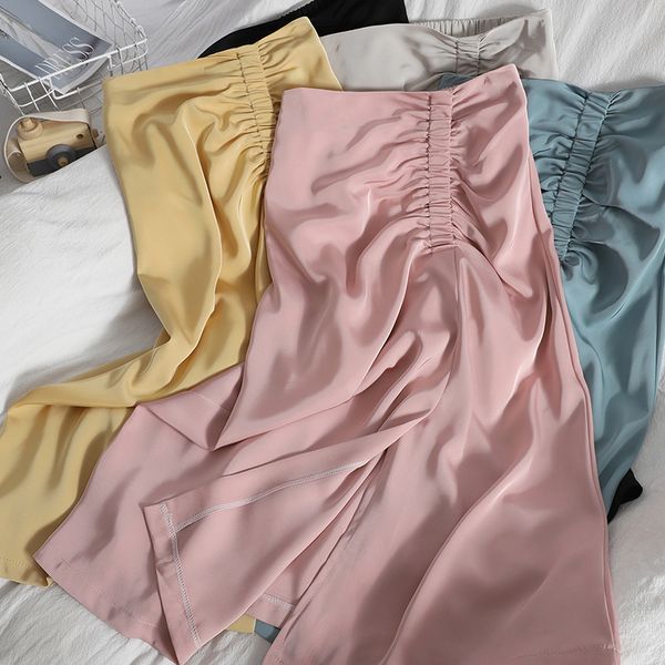 

korean summer gentle solid color skirt folds high waist split elegant mid-length for womens sweet blue vintage 210420, Black
