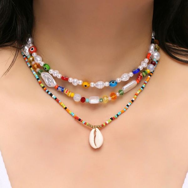 

chains bohemian irregular beaded pearl necklace for women colorful round eye beads chain choker beach vacation jewelry, Silver