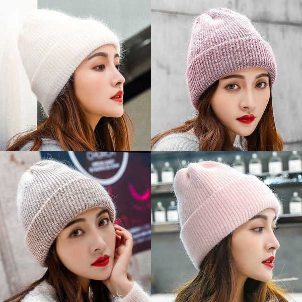 

autumn winter warm psh white hat female wool hat rabbit hair tide versatile korean knitted winter cotton hat, Blue;gray