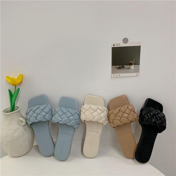 

women brand design summer slipper weave open toe flat casual slides outdoor beach flip flops slippers, Black