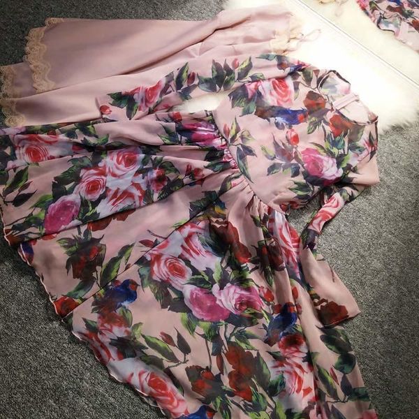 

casual dresses household rose hummingbird printed chiffon dress, Black;gray