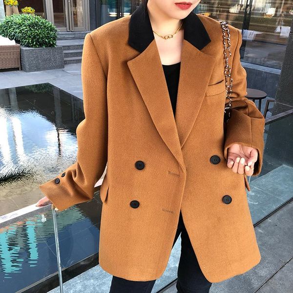 

women's suits & blazers blazer womens 2021 spring autumn fashion lapel long sleeve double breasted loose woolen suit coat casual ladies, White;black