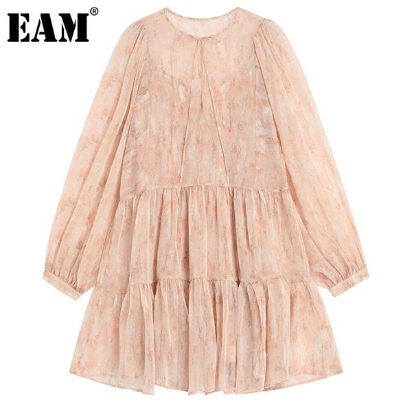 

casual dresses [eam] women pink pattern printed holiday dress round neck long sleeve loose fit fashion tide spring autumn 2021 1de1239, Black;gray