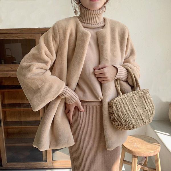

women's fur & faux winter office ladies overcoat solid color minimalist simple korean style loose coats women warm outwear fleece, Black