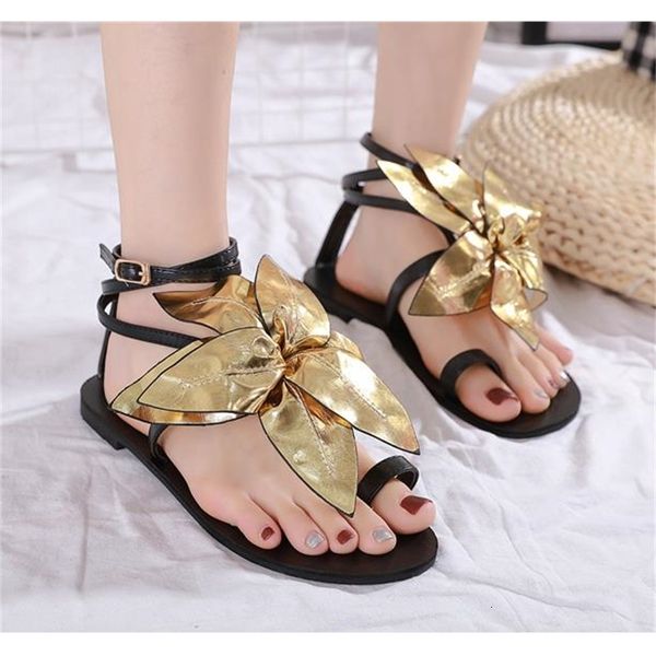 

comfortable black gold leafs flat shoes designer thong sandals summer size 34 to 40