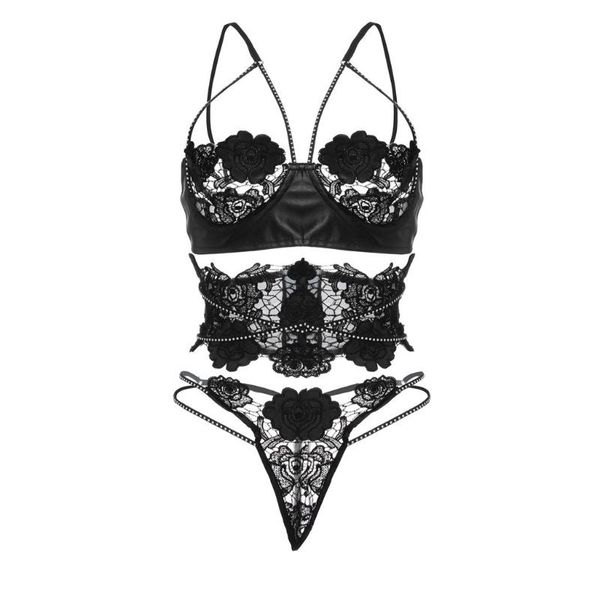 

bras sets womens leather lace brapush up swimsuit bikini set underwired three lingerie underwear femme majtki damskie, Red;black