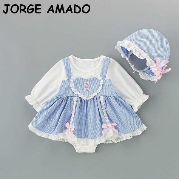 

autumn baby girl lolita bodysuit blue plaid long sleeve fashion romper dresses with cap born clothes 0-2y e6360 210610