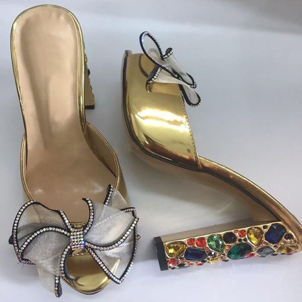 

slippers glitter ladies crystal mesh bowtie high-heeled open toe gold mirror leather chunky multi heels summer shoes, Black