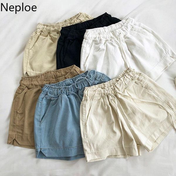 

neploe women solid demin shorts 2021 summer korean bottoms lace up stretch high waist wide leg jeans short feminimos 4b588 women's, White;black