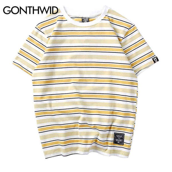 Gonthwid Harajuku Stripe Camisetas Homens / Mulheres Hip Hop Casual Algodão Manga Curta Tops Tees Verão Moda Tshirts Preto Vermelho Rosa G1229