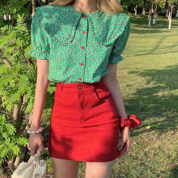

two piece dress set of two female plays, student style, korean retro floral shirt + skirt complete jeans, fashion pj72, White