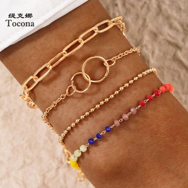 

link, chain tocona colorful beaded bracelets for women trendy hollow out geoemtric alloy metal adjustable jewelry accessories 17758, Black