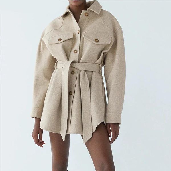 

women's wool & blends women winter 2021 fashion with belt loose woolen jacket coat vintage long sleeve side pockets female outerwear ch, Black