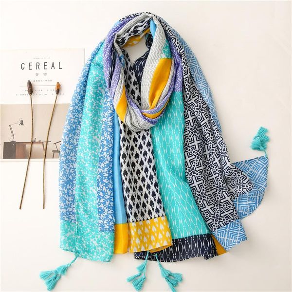 

scarves 2021 est women's cotton linen scarf navy printed flora hijab blue female spring headscarf bandana, Blue;gray