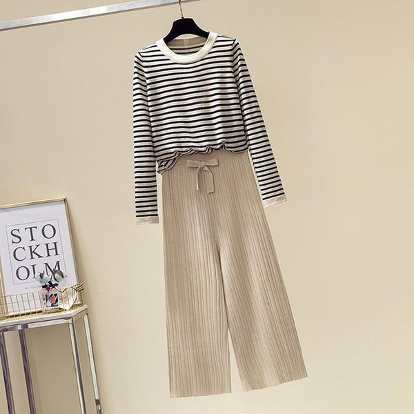 

knit striped pants sets women tracksuits o neck long sleeve pullover jumpers wide leg trousers woman autumn spring set, Gray