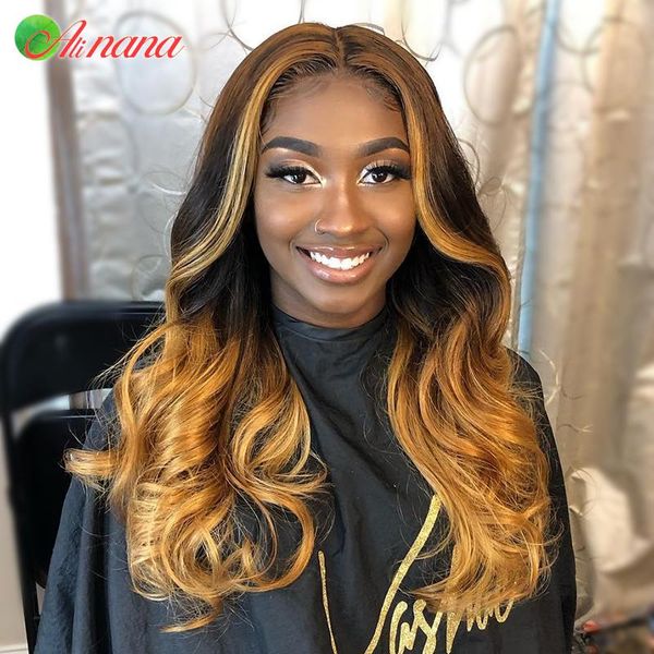 

alinana #4/27 highlight brazilian remy body wave wig pre-plucked lace front human hair wigs honey blonde ombre frontal, Black;brown