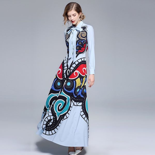 

casual dresses fall designer runway lady bow belt vintage print turn-down collar long sleeve slim women floor length maxi mxd4, Black;gray