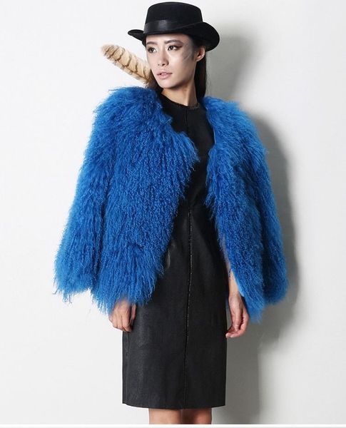 

women's fur & faux natural coat of mongolia sheep women coats winter autumn thicken lamb full pelt blue jacket 60cm length c127, Black