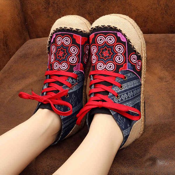 

shoe lace-up cotton cloth flats moccasins linen hemp round toe totem embroidered ethnic style fashion beautiful shoes 52ax, Black