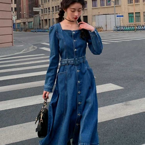 

denim dress women korean spring temperament elegant square collar retro single-breasted casual slim long vestidos 210526, Black;gray