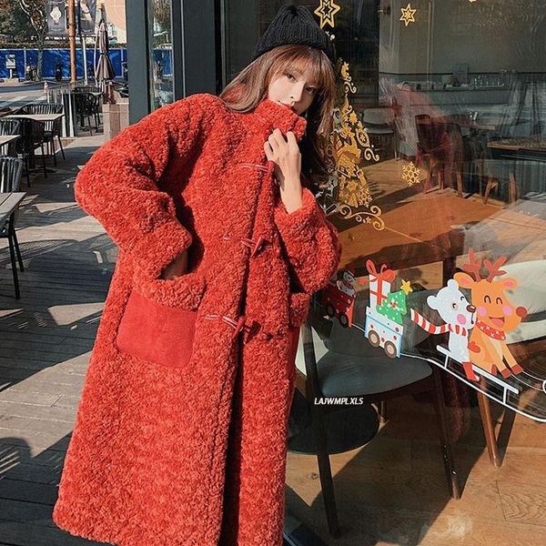 

women's fur & faux thick warm lambswool lapel loose horn button parkas coat women causal solid wild 2021 winter fashion, Black