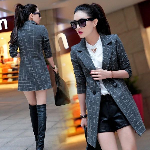 

women's suits & blazers 2021 autumn women long office lady elegant double breasted plaid work blazer female sleeve plus size coat, White;black