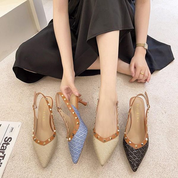 

dress shoes leather high heels women sandals elegant pointed toe party prom rivets 2021 summer female sandal, Black