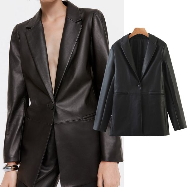 

women's down & parkas women black imitation leather medium length pu leather coats elegant turn-down collar casual suit jacket 5hz