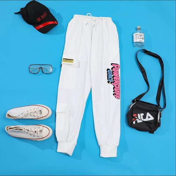 

cargo casual streetwear kawaii powerpuff womens pant girls harajuku buttercup blossom and bubbles hip hop korean trousers, Black;white