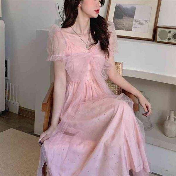 

sweet elegant short-sleeved mesh holiday fairy dress women casual party beach korean summer princess robe femme 210514, Black;gray