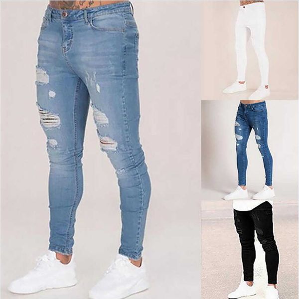 

mens solid color jeans autumn 2020 new fashion slim pencil denim pants casual hole ripped design jeans for men streetwear x0621, Blue