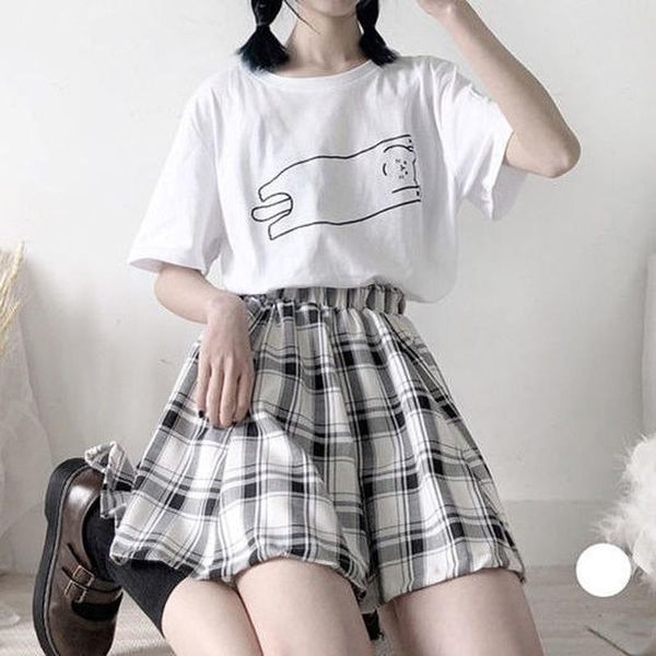

skirts houzhou harajuku plaid skirt women kawaii cute high waist a-line mini summer soft girl japanese style lolita streetwear, Black