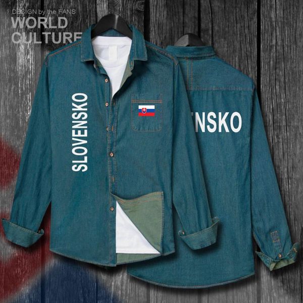 

slovak republic slovakia svk slovensko men nation flag clothes autumn cotton long sleeve cowboy turn-down collar jeans shirt men's casu, White;black