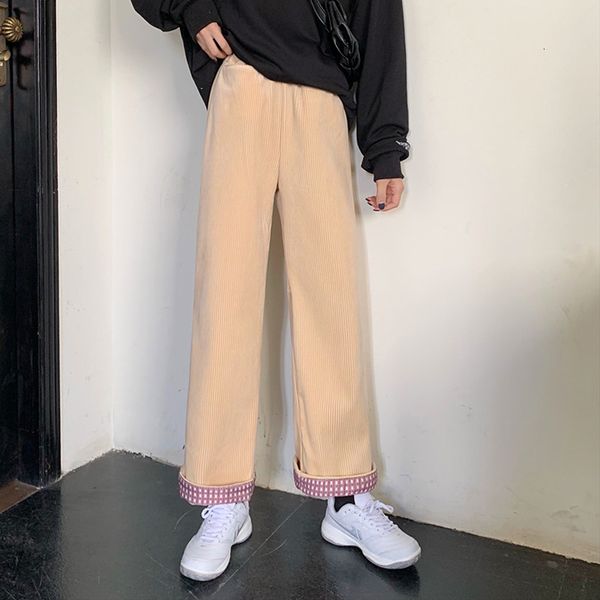 

women's two piece pants vintage thick corduroy winter warm velvet lining elastic high waist wide leg pant casual plaid office ladi, White