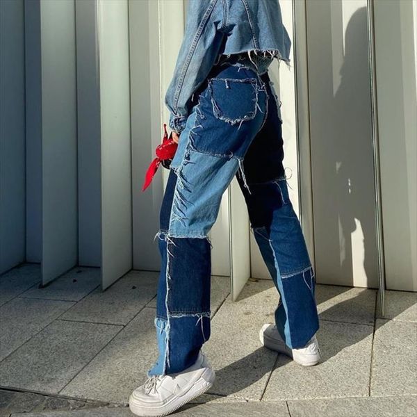 

streetwear boyfriend high waist women jean vintage patchwork straight flare wide leg pants mom denim femme trousers, Blue