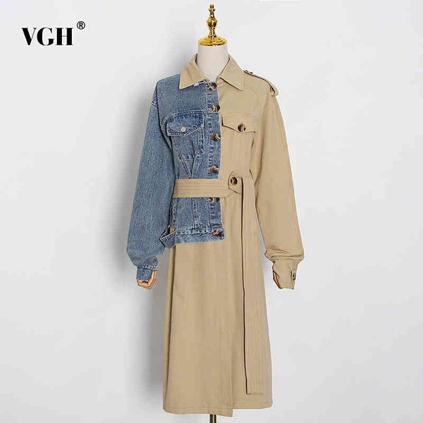 

vgh khaki trench for women lapel long sleeve high waist patchwork denim sashes midi windbreakers female autumn clothes tide 210421, Tan;black