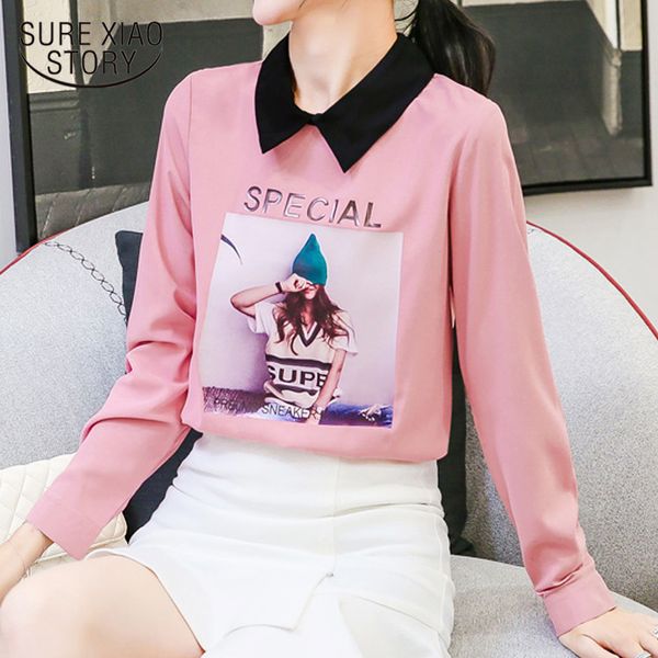 

fall casual feminine chiffon blouses full sleeve pullover printed figure cute fashion women shirts 5701 50 210417, White