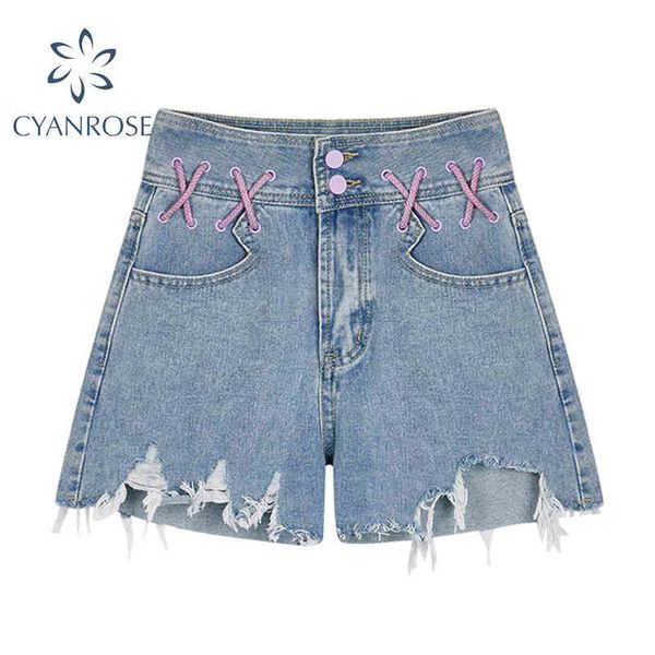 

ripped jean or denim pants women cross spliced design zipper high waist retro sweet e-girl rok streetwear shorts pants lady 210417, Blue