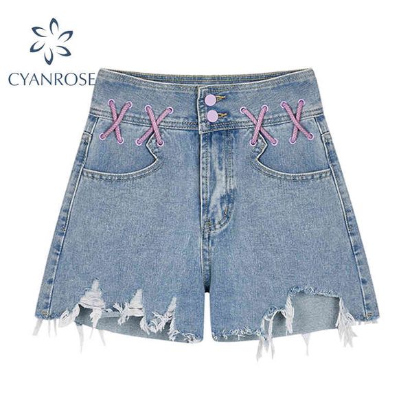 Jean rasgado ou jeans calças mulheres cruzado design zíper cintura alta retro doce e-girl rok streetwear shorts calças senhora 210417