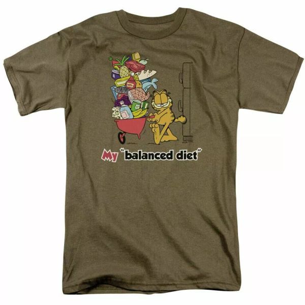 

Garfield Balanced Diet T Shirt Mens Licensed Jim Davis Comic Tee Safari Green, White;black