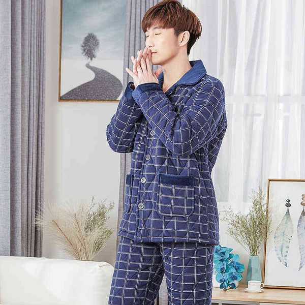 

three layer thickening winter pajamas men quilted jacket cotton quilted pyjamas mens thick male tracksuit plus size suit xxxl 211111, Black;brown