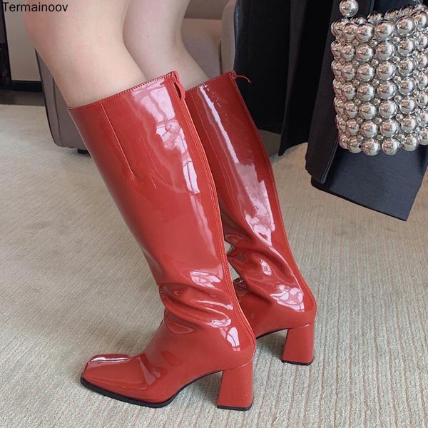 

boots termainoov women patent leather long winter boot square toe zipper fashion chunky heeled knee high, Black