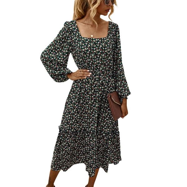 

casual dresses women floral printed midi dress square neck lantern sleeve sweet vintage, Black;gray