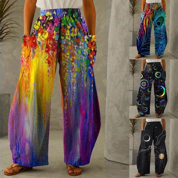 

women's pants & capris vintage printed harem women trousers casual elastic waist cotton linen wide leg loose pantalon autumn plus size, Black;white